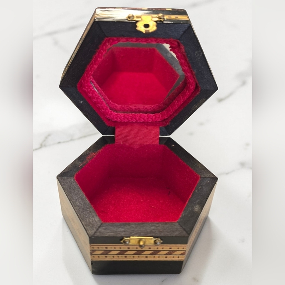 Hexagonal Wooden Jewelry Box with Red Velvet Interior